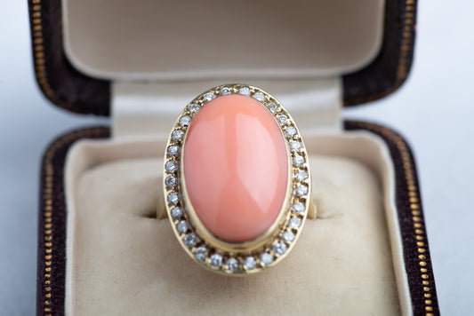 Vintage Angelskin Coral Diamond Ring in 14K Gold