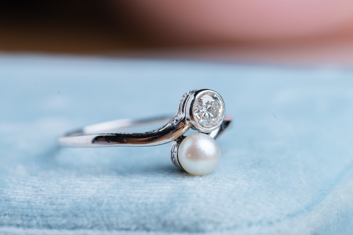 Art Deco Toi & Moi Pearl Diamond Ring