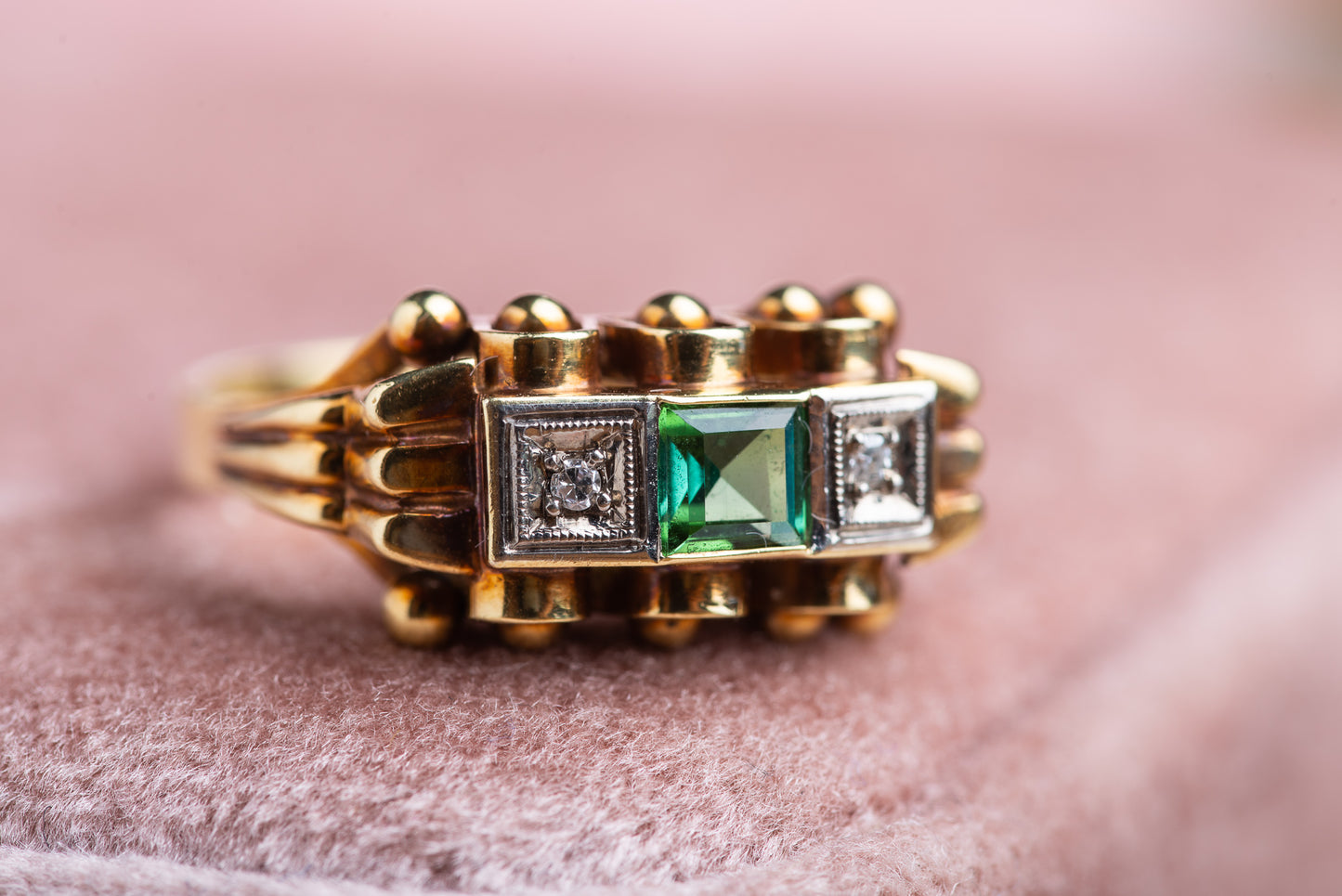 Exquisite 14K Tank Ring with Diamonds and Princess-Cut Tourmaline