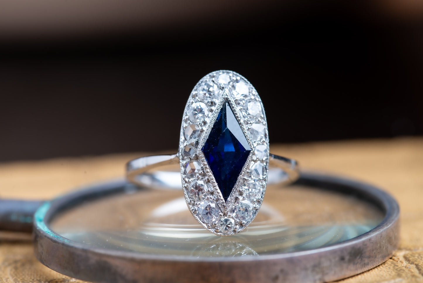 Art Deco Platinum Custom Cut Sapphire Kite & Diamond Ring