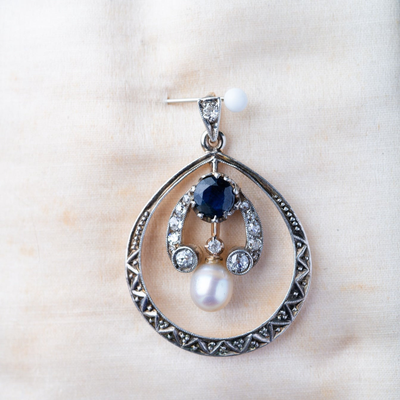 Edwardian Sapphire Diamond Pearl Pendant