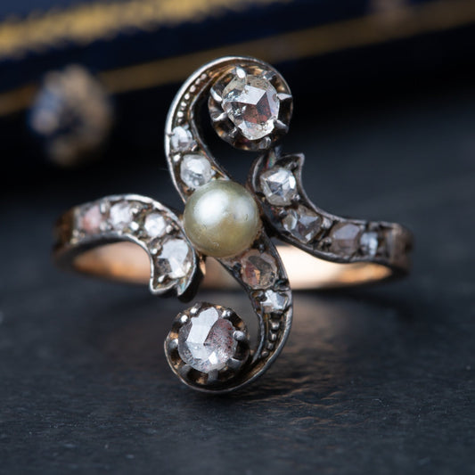 Authentic Belle Epoque Rosecut Diamond and Pearl Ring