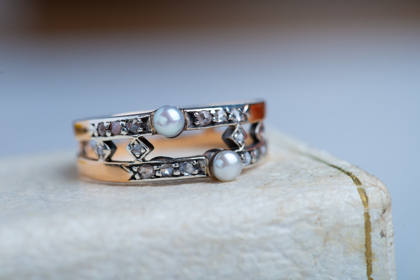Edwardian Pearl and Rosecut Diamond Ring