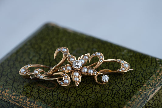 Victorian OMC Diamond Pearl Brooch