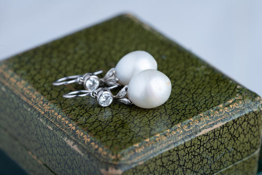 Vintage 14K Gold Diamond Pearl Earrings