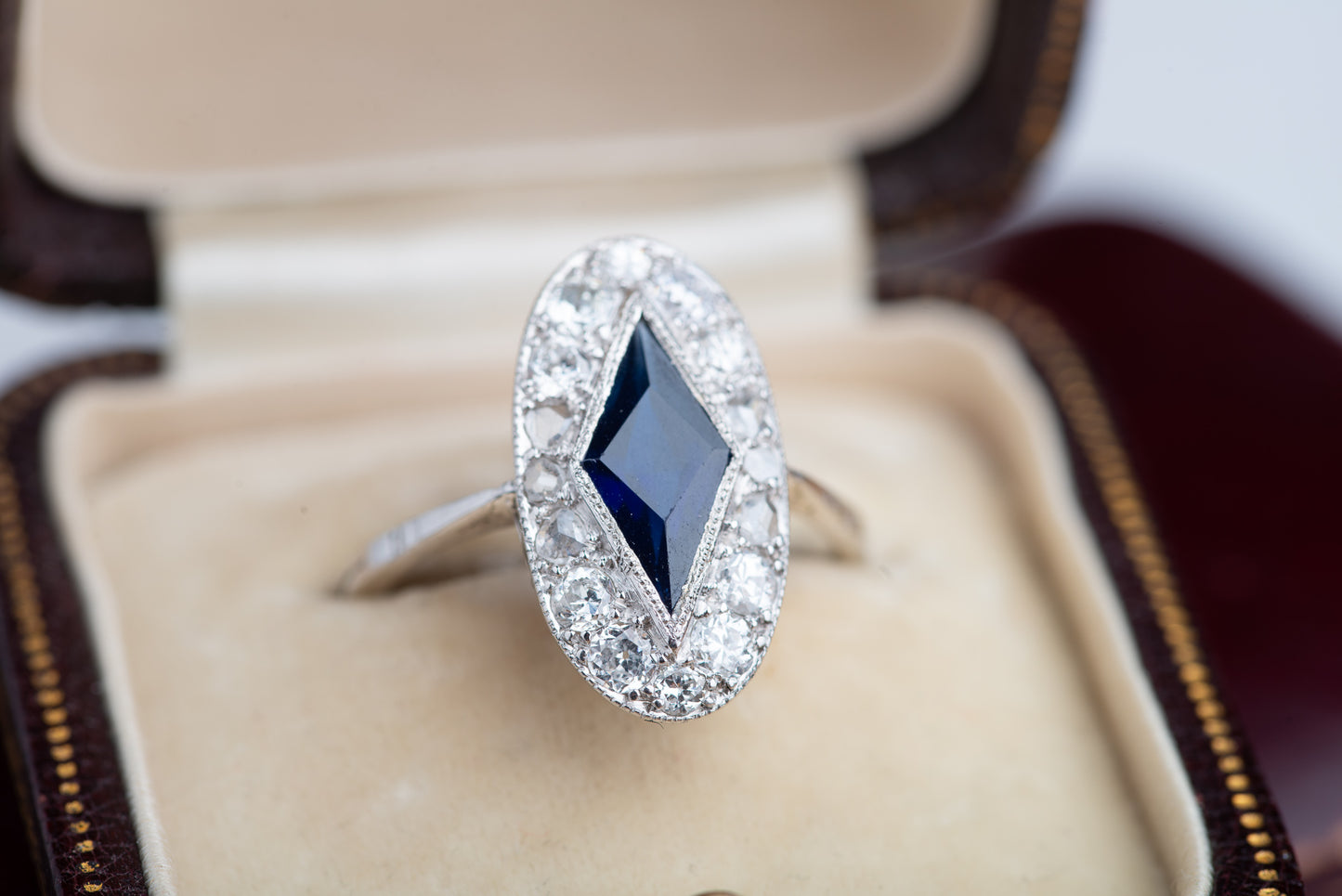 Art Deco Platinum Custom Cut Sapphire Kite & Diamond Ring
