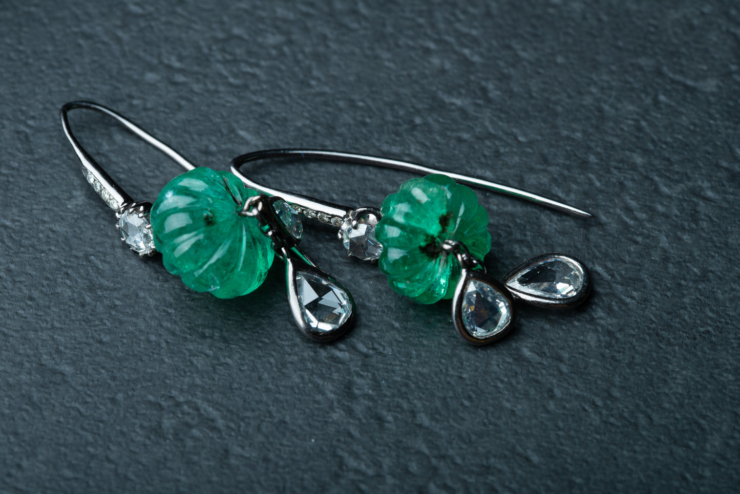 Vintage emerald pumpkin diamond earrings