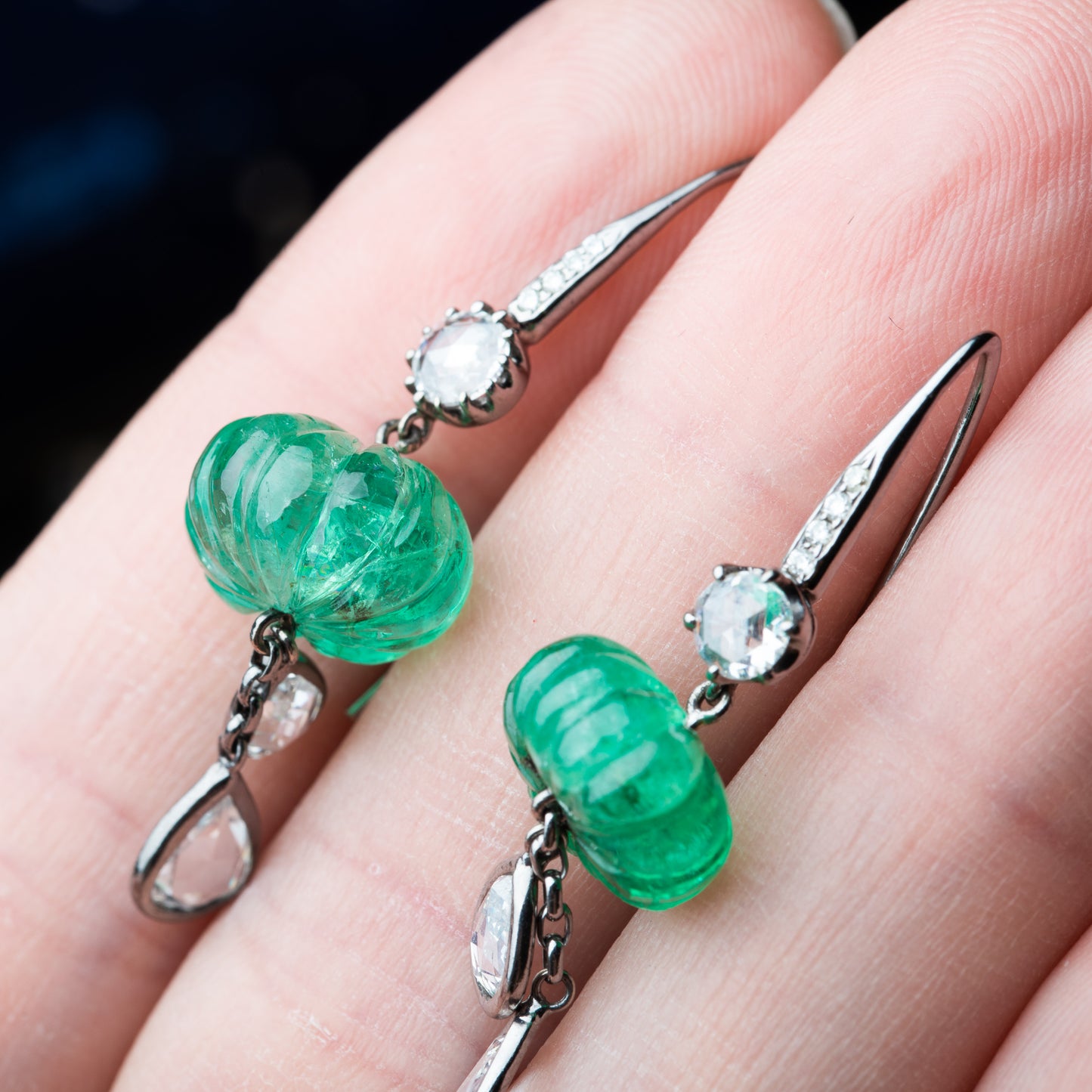 Vintage emerald pumpkin diamond earrings