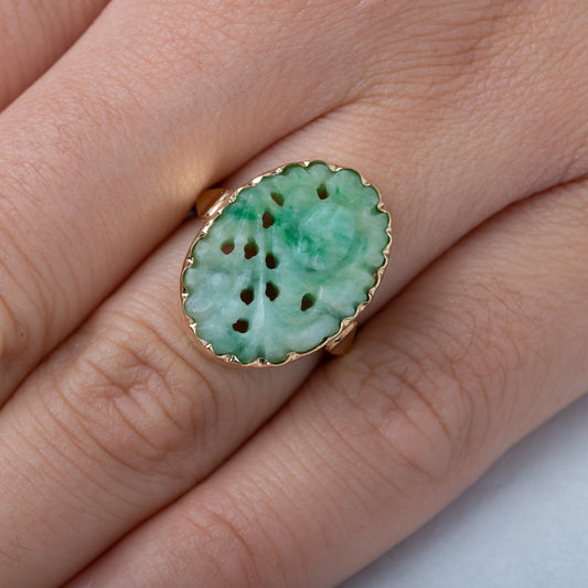 Vintage Flower Carved Jade Ring