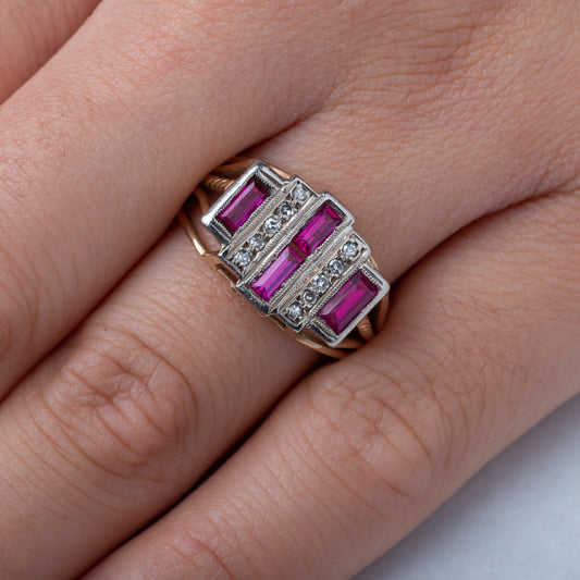 Art Deco Tank Ring Synthetic Ruby