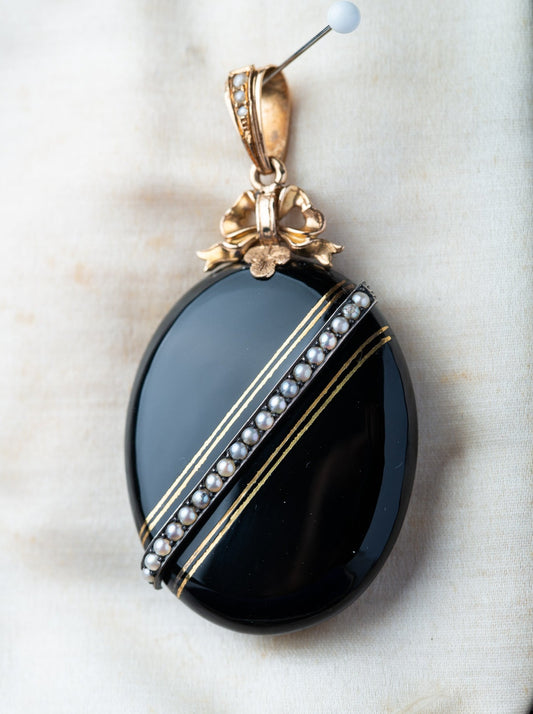 Antique onyx pearl locket pendant