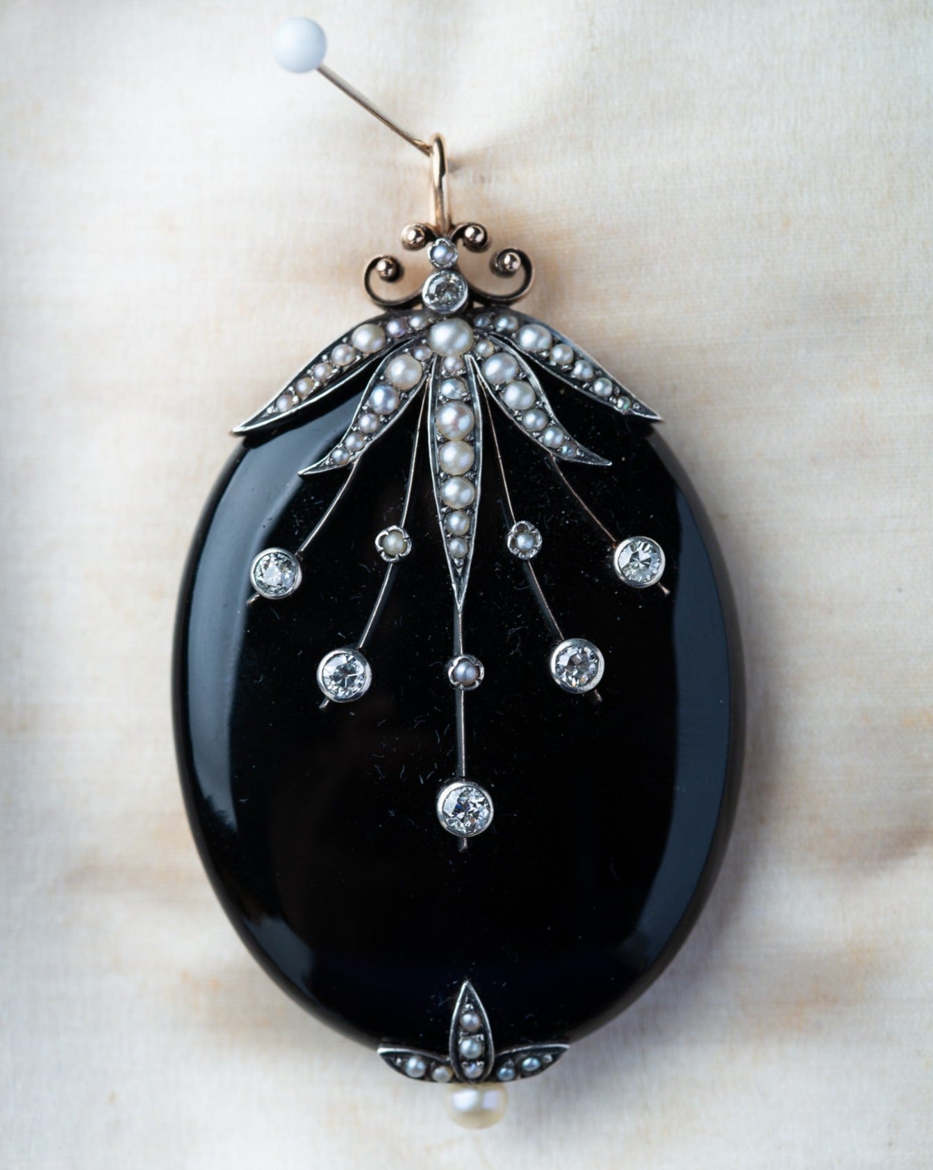 Edwardian Onyx Diamond Pearl Pendant
