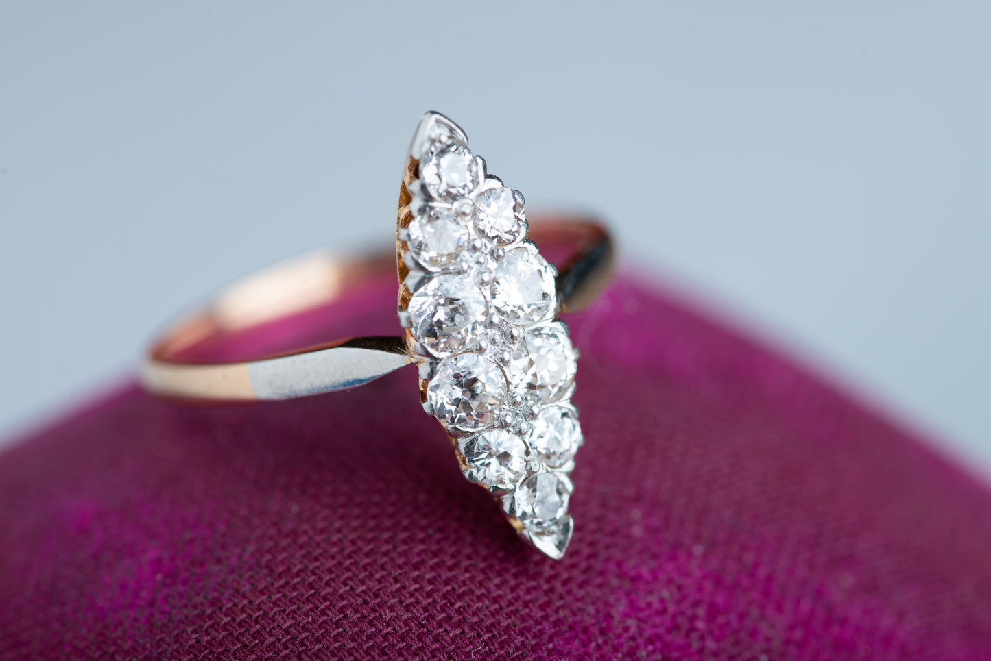 Art Deco Navette Ring with Old European Cut Diamonds