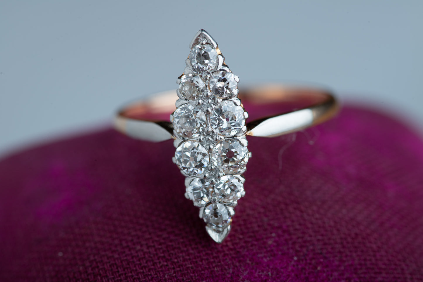 Art Deco Navette Ring with Old European Cut Diamonds
