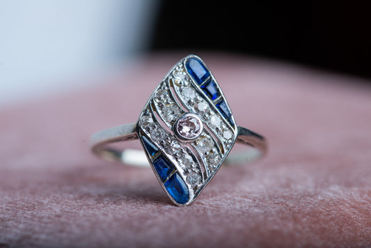 Art Deco Lozenge Sapphire & Diamond Ring