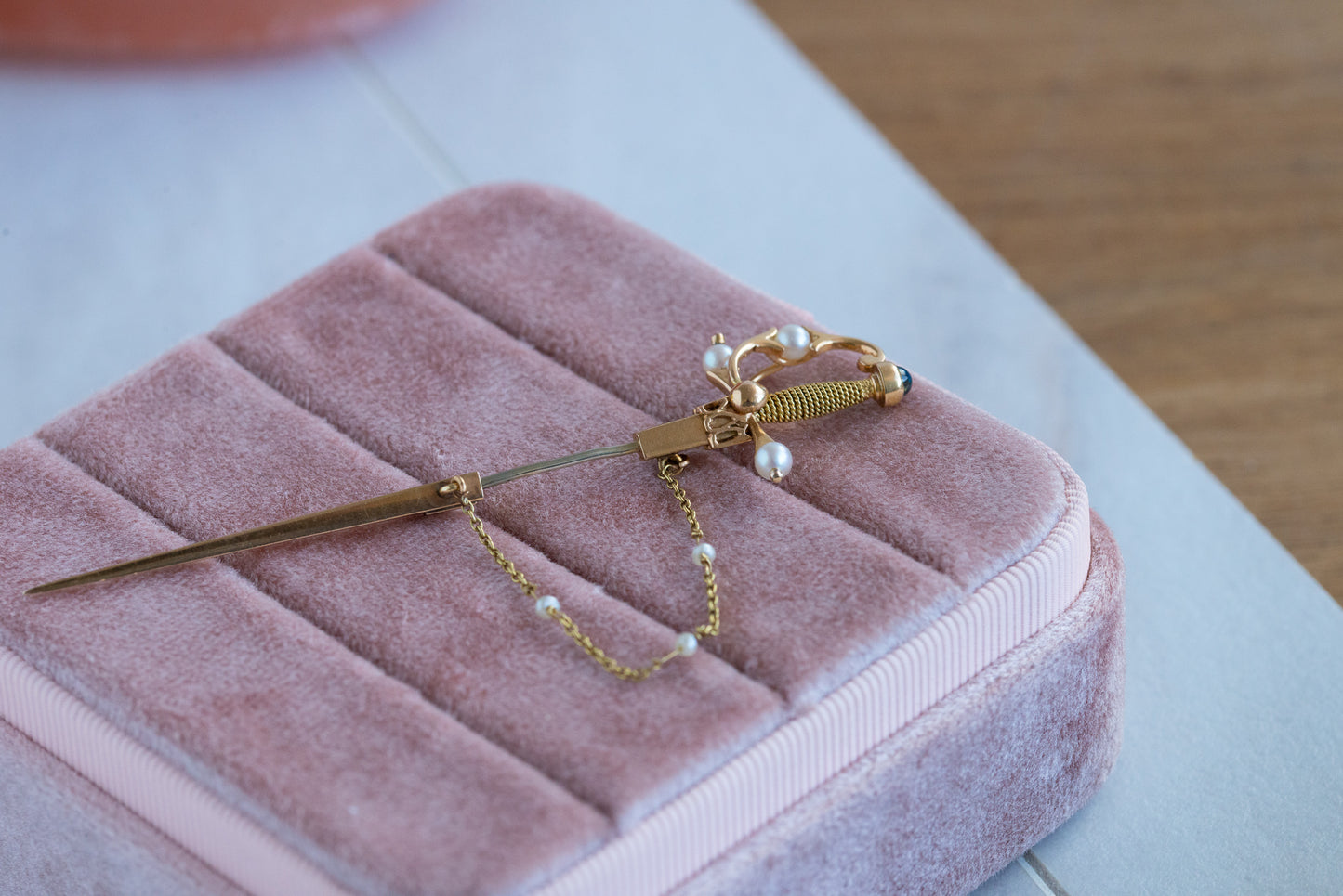 Premium High Carat Jabbot Sword Pin with Sapphire and Pearls