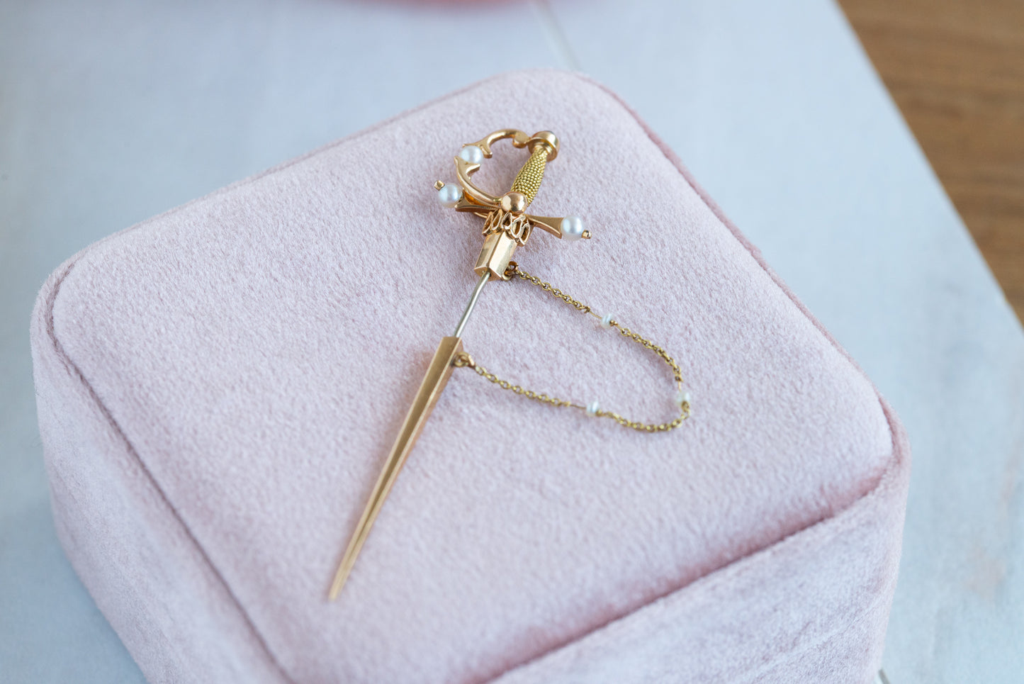 Premium High Carat Jabbot Sword Pin with Sapphire and Pearls