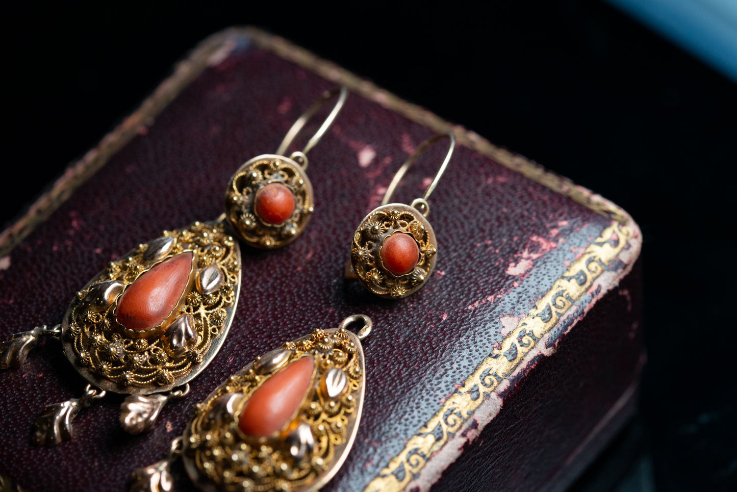 Victorian Day and Night Filligrain Coral Earrings